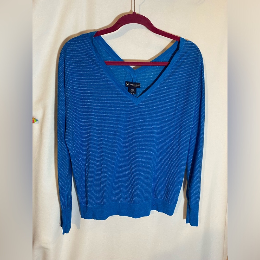 American Eagle long sleeve Blue w/ metallic stripes, size large